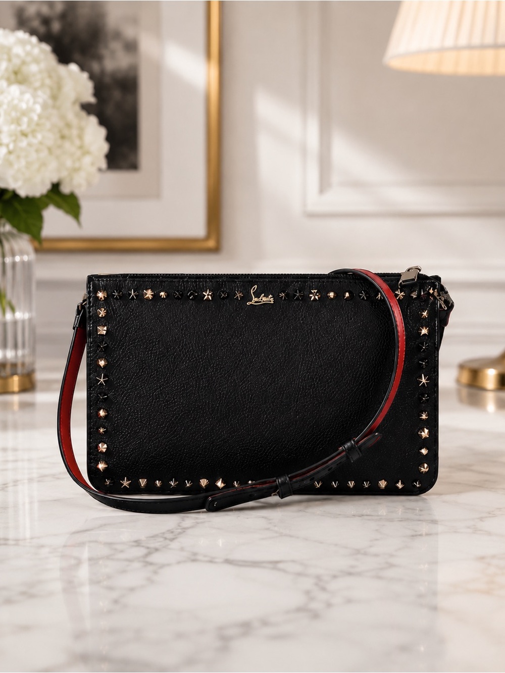 Christian Louboutin Loubiclutch Black Studded Leather 2-Way Bag W Red Interior